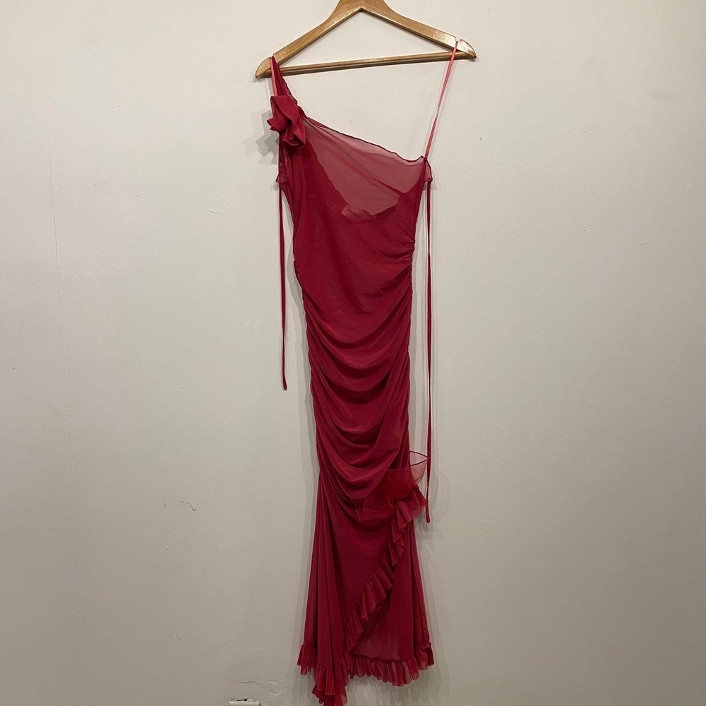 House of Sunny Take Your Time Sheer Mesh One Shoulder Ruched Maxi Dress Pink Red